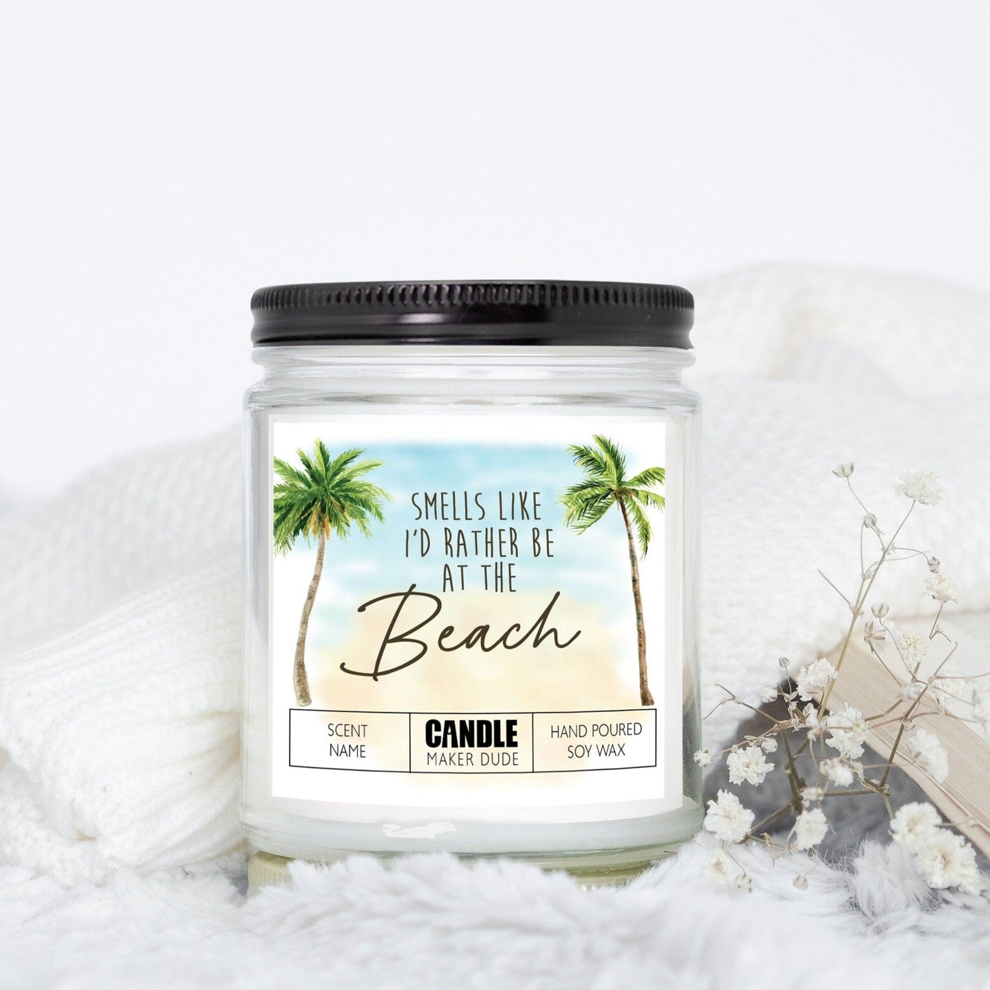 Smells Like I'd Rather Be At The Beach Funny Gift Ideas Candles, Palm Tree Tropical Beach House Decor